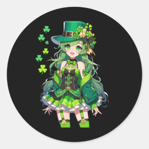 Adesivo Redondo Garota Dia de São Patrício Kawaii Leprechaun