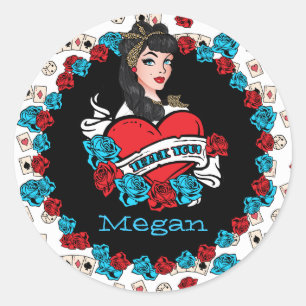 Adesivo Redondo Garota do Pin-up, Rock-a-Billy, Obrigado Stickers