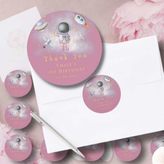 Adesivo Redondo Garota espacial primeiro aniversario de foguete ro (Criador carregado)