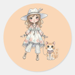 Adesivo Redondo Garota fashionista passeando com seu gato