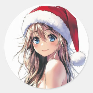 Adesivo Redondo Garota Festiva Santa Hat com Olhos Azuis Brilhante