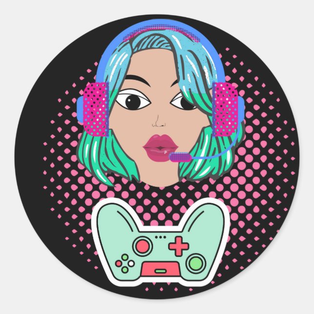 Adesivo Redondo garota gamer (Frente)