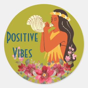 Adesivo Redondo Garota Havaiana soprando Conch Shell Personalizado