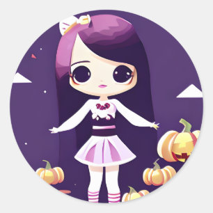 Adesivo Redondo Garota Kawaii bonita no Halloween de Pumpkins