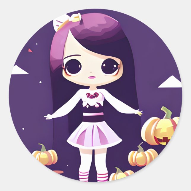 Adesivo Redondo Garota Kawaii bonita no Halloween de Pumpkins (Frente)