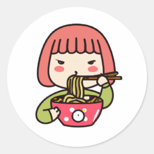 Adesivo Redondo Garota Kawaii comendo Ramen com Chopsticks