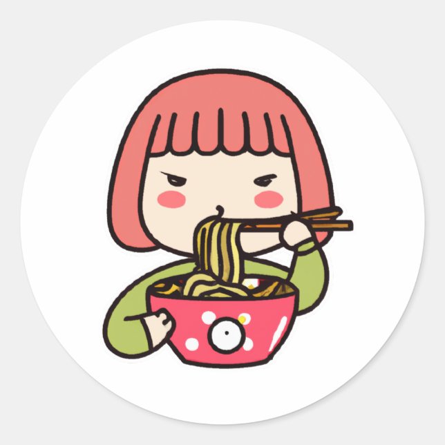Adesivo Redondo Garota Kawaii comendo Ramen com Chopsticks (Frente)