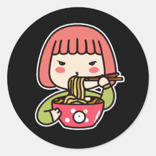 Adesivo Redondo Garota Kawaii comendo Ramen com Chopsticks