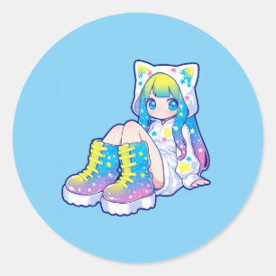 Adesivo Redondo Garota Kawaii de Estrelas Arco-Íris com Orelhas de