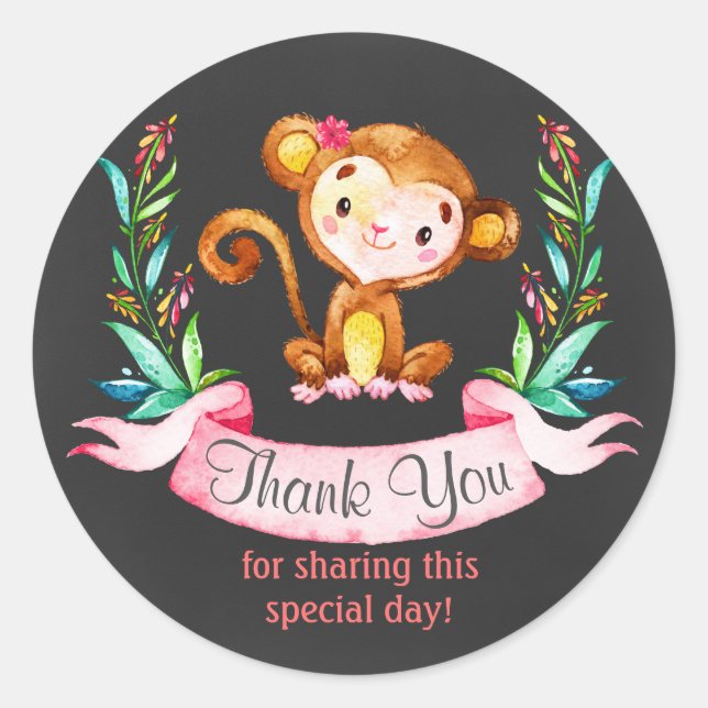 Adesivo Redondo Garota Macaco De Caixas Aquáticas Obrigado (Frente)