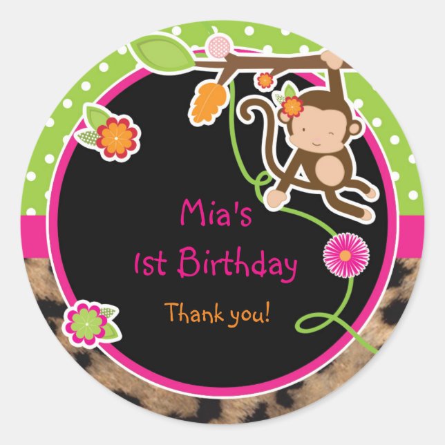 Adesivo Redondo Garota Macaco Selva Safari Favor Vinheta (Frente)