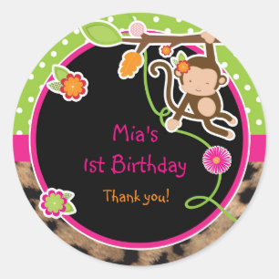 Adesivo Redondo Garota Macaco Selva Safari Favor Vinheta