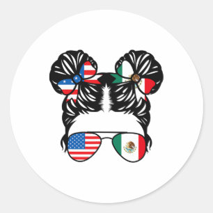 Adesivo Redondo Garota Metade Americana Metade Mexicana Bandeira E