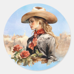 Adesivo Redondo Garota Ocidental com Rosas Stickers