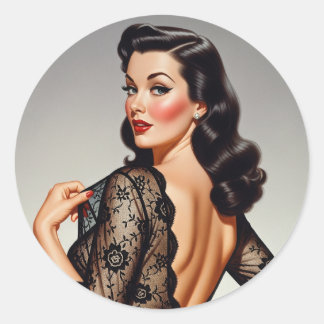 Adesivo Redondo Garota Pin-up Morena Retrô Estilo Glamour dos Anos