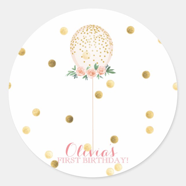 Adesivo Redondo Garota Primeiro Aniversário, Dourado Vinheta Balão (Frente)