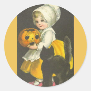 Adesivo Redondo Garota Pumpkin Black Cat Vintage Stickers