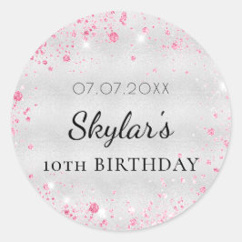 Adesivo Redondo Garota-reluzente rosa-prateada de aniversário