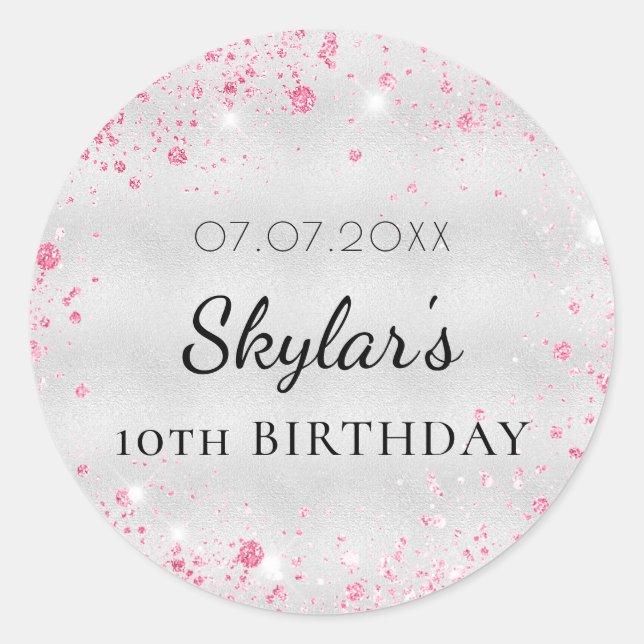 Adesivo Redondo Garota-reluzente rosa-prateada de aniversário (Frente)