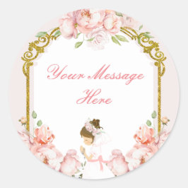 Adesivo Redondo Garota Rezando Dourada Comunhão 1rua Sua Mensagem