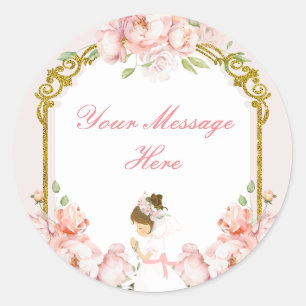 Adesivo Redondo Garota Rezando Dourada Comunhão 1rua Sua Mensagem