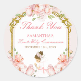 Adesivo Redondo Garota Rezando Dourada Primeira Comunhão Obrigado