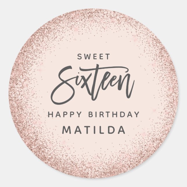 Adesivo Redondo Garota rosa rosa dourada reluzente 16 anos