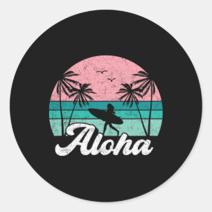 Adesivo Redondo Garota Surfista Aloha Havaí Surfista Havaiano Vint