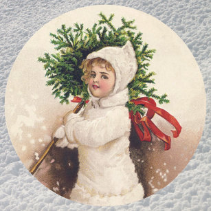 Adesivo Redondo Garota Vintage com Árvore de Natal, Ellen Clapsadd