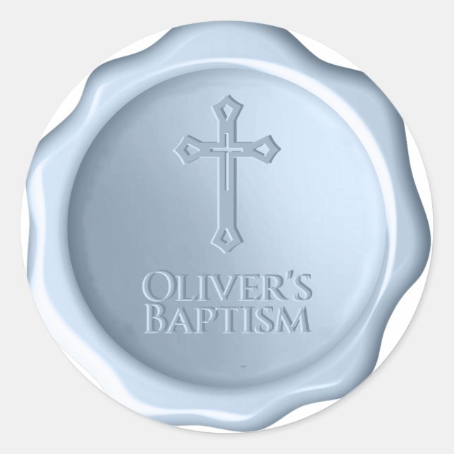 Adesivo Redondo Garoto Baptism Dusty Blue Wax Seal Emboscada Cruz (Frente)