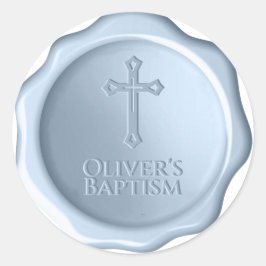Adesivo Redondo Garoto Baptism Dusty Blue Wax Seal Emboscada Cruz