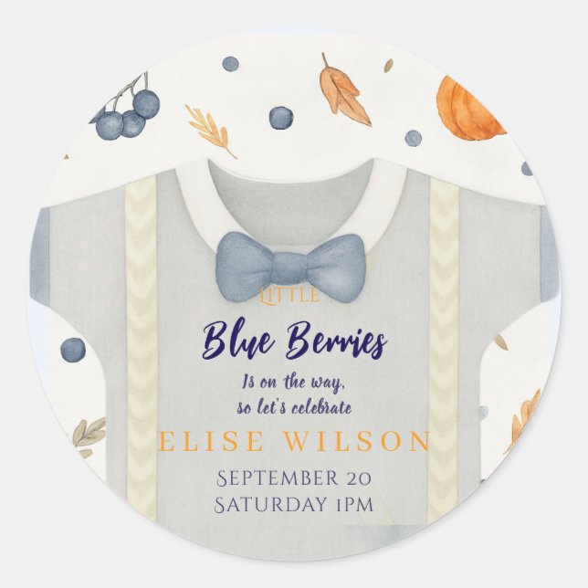 Adesivo Redondo Garoto chá de fraldas de outono, macacão invita (Frente)