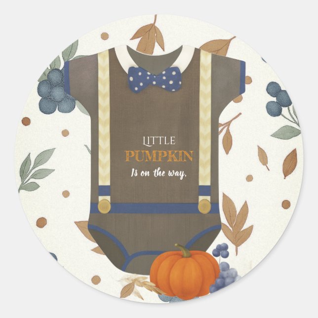 Adesivo Redondo Garoto chá de fraldas outono macacão azul (Frente)