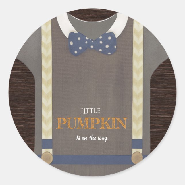 Adesivo Redondo Garoto chá de fraldas outono macacão azul (Frente)