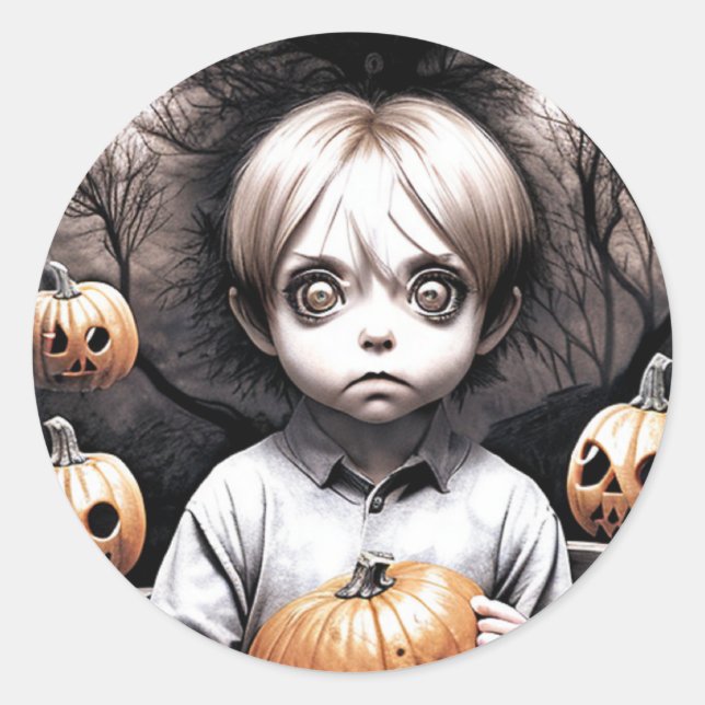 Adesivo Redondo Garoto Chibi Cansado com Halloween de Pumpkin (Frente)