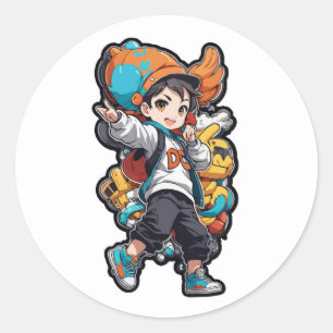 Adesivo Redondo Garoto Dançante com Design de Cartoon Robot Sideot