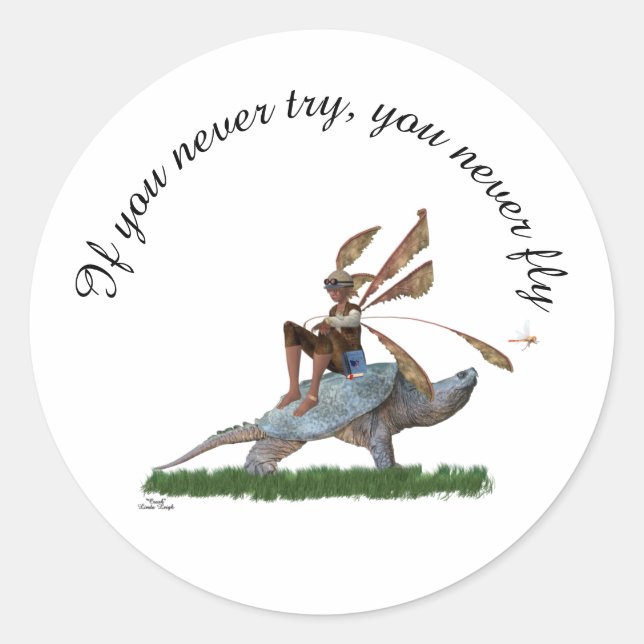 Adesivo Redondo Garoto Fada Andando No Vedante De Tartaruga (Frente)