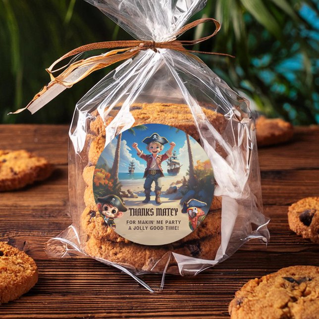 Adesivo Redondo Garoto Pirata Da Ilha Tropical Obrigado, Sticker (Criador carregado)