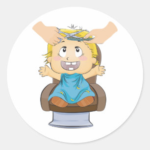 Adesivo Redondo Garoto Recebendo Vinhetas De Corte De Cabelo