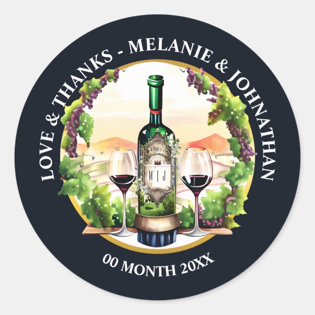 Adesivo Redondo Garrafa de vinho aquarela vidro vinha vinícola paí (Frente)