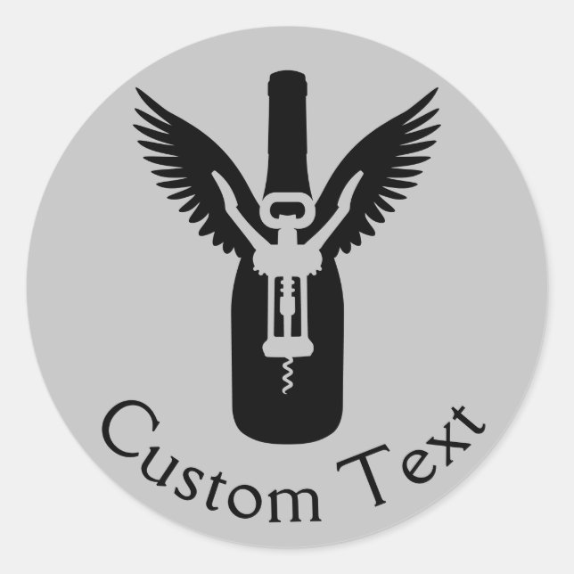 Adesivo Redondo Garrafa de vinho com Asas e Cortiça (Frente)