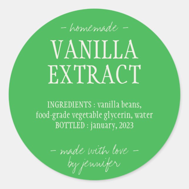 Adesivo Redondo Garrafa verde Bebida caseira Vanilla Extract (Frente)