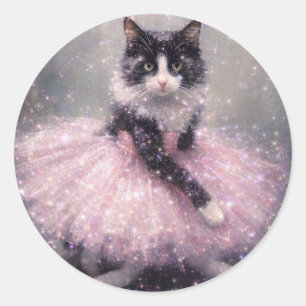 Adesivo Redondo Gata Bailarina Brilhante em Tutu Rosa