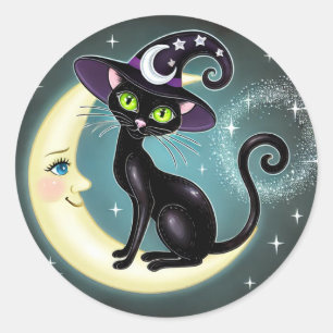 Adesivo Redondo Gata Bruxa na Lua Crescente Halloween Wiccan Wicca