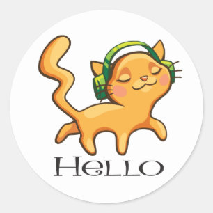 Adesivo Redondo Gata Gatinha Amante de Música Olá Gato Fofo