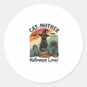 Adesivo Redondo Gata Mãe Amante do Halloween Chapéu de Bruxa Preta