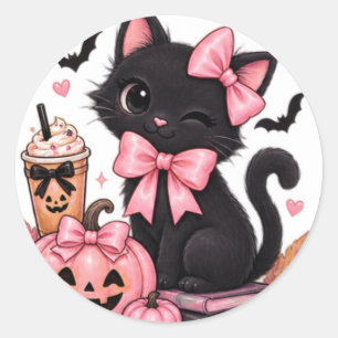 Adesivo Redondo Gata Preta Coquete Fofa de Halloween com Laços Ros
