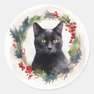 Adesivo Redondo Gata Preta Kit de Coroa de Natal Gatinho Festivo