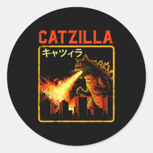 Adesivo Redondo Gatazilla Gato Monstro Divertido Paródia Japonesa