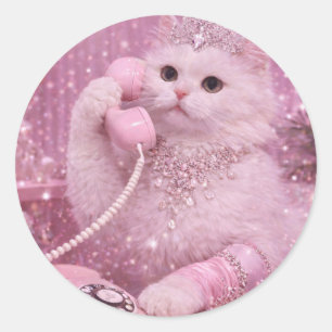 Adesivo Redondo Gatinha Princesa Glamurosa Usando Telefone Rosa